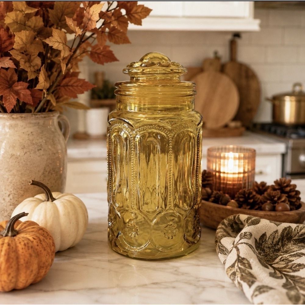 Vintage Golden Amber Glass Canister Cookie Jar Gothic Arch Apothecary 11"